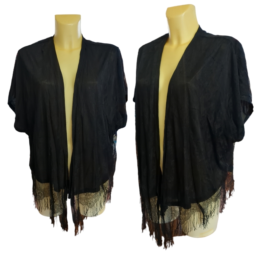 LUSH Solid Black Semi Sheer Lace Open Front Cardigan with Fringe Detail